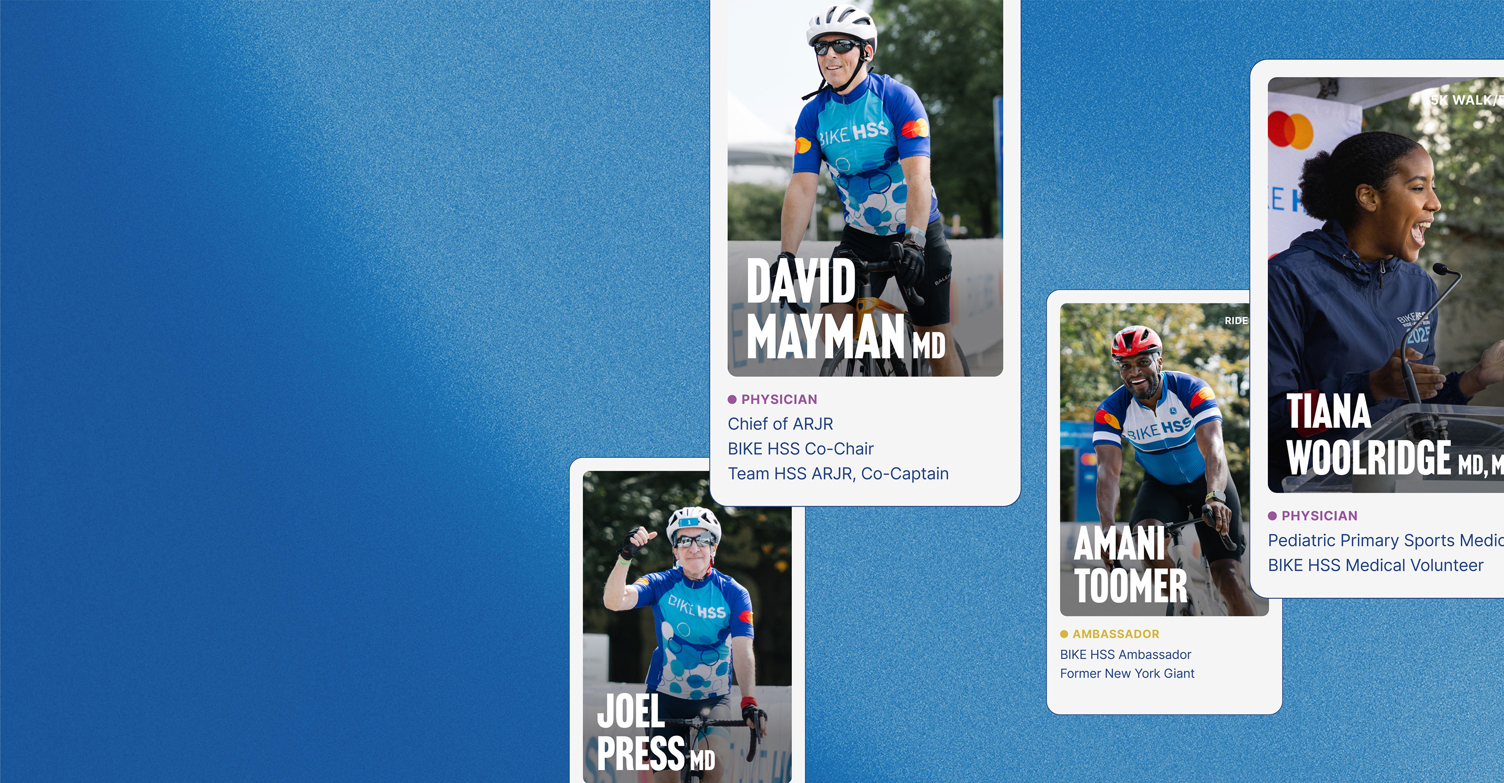 Blue background with a collage of photos featuring BIKE HSS top participants and ambassadors.