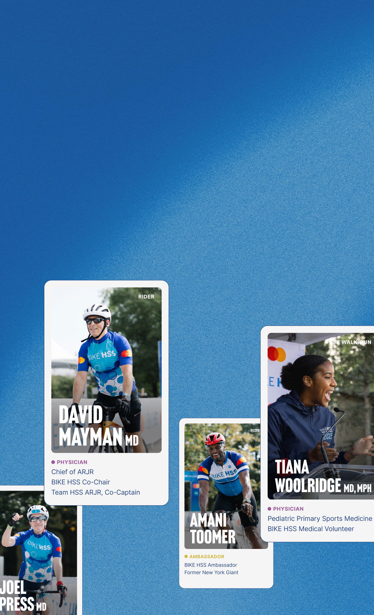 Blue background with a collage of photos featuring BIKE HSS top participants and ambassadors.